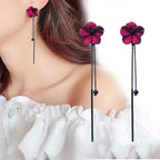 Red Flower and Red Chain Dangle Earrings
