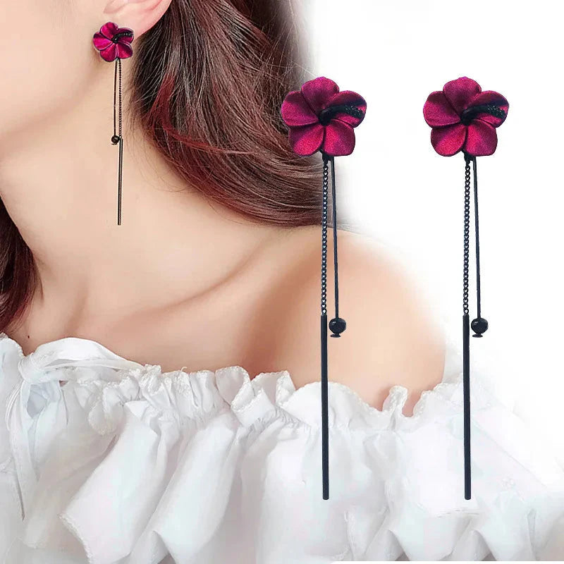 Red Flower and Red Chain Dangle Earrings