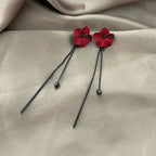 Red Flower and Red Chain Dangle Earrings