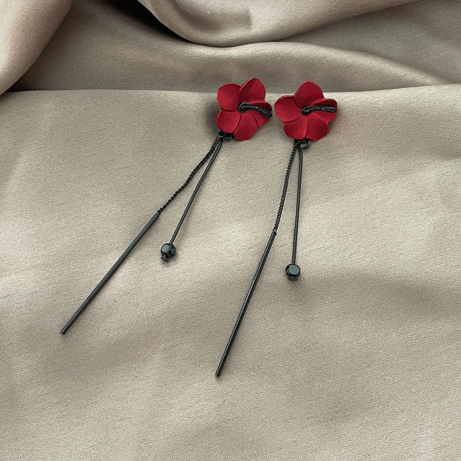 Red Flower and Red Chain Dangle Earrings