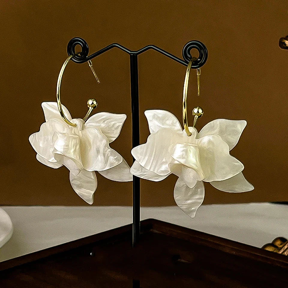 Large White Flower Dangle Hoop Earrings