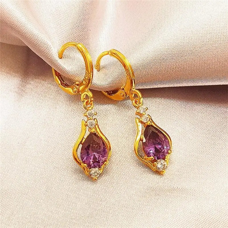 Water Drop Dangle Earrings with Purple Zircon