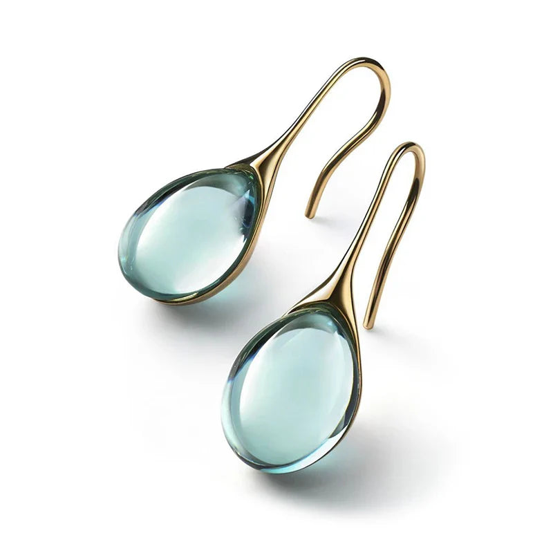 Gold and Light Blue Water Drop Dangle Earrings