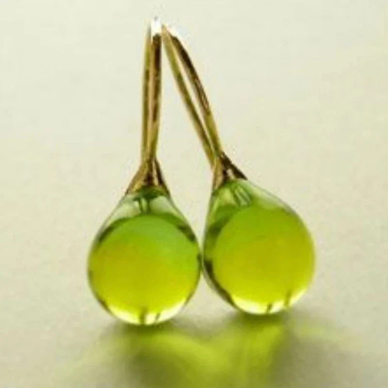 Gold and Green Water Drop Dangle Earrings