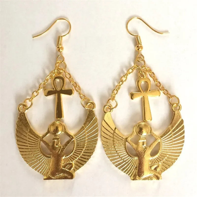 Isis and Ankh Cross Dangle Earrings