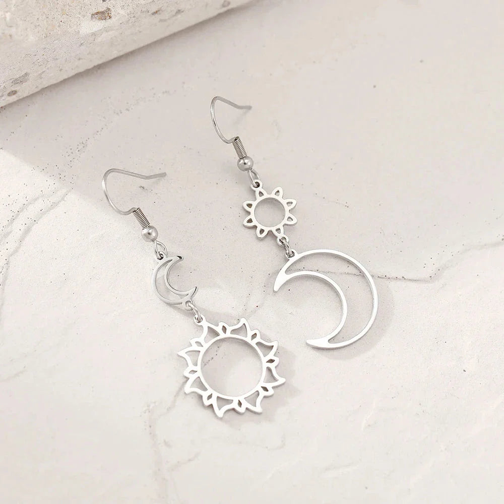 Moon and Sun Dangle Earrings Silver