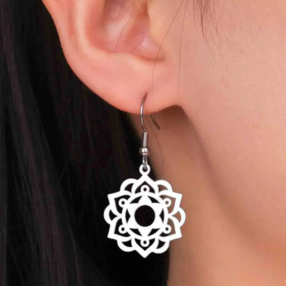 Mandala Drop Earrings for Women in silver
