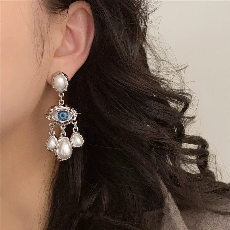 Blue Eye and Pearl Drop Earrings silver