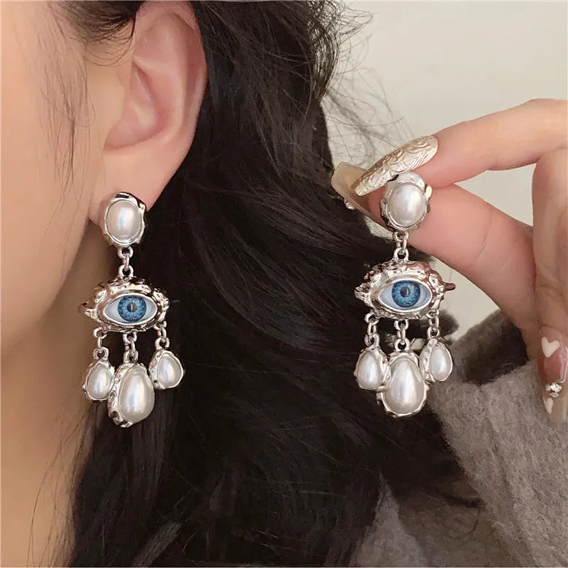 Blue Eye and Pearl Drop Earrings silver
