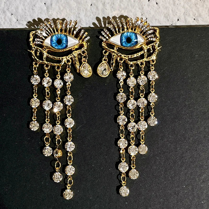 Blue Eye and Rhinestone Dangle Earrings