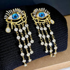 Blue Eye and Rhinestone Dangle Earrings