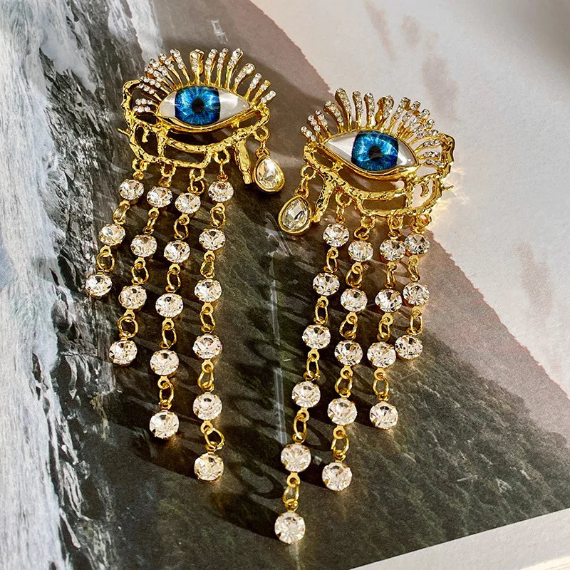 Blue Eye and Rhinestone Dangle Earrings