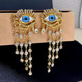 Blue Eye and Rhinestone Dangle Earrings