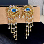 Blue Eye and Rhinestone Dangle Earrings