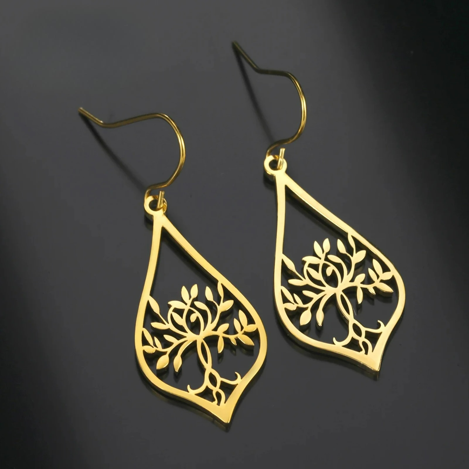 Oval Tree of Life Dangle Earrings Gold