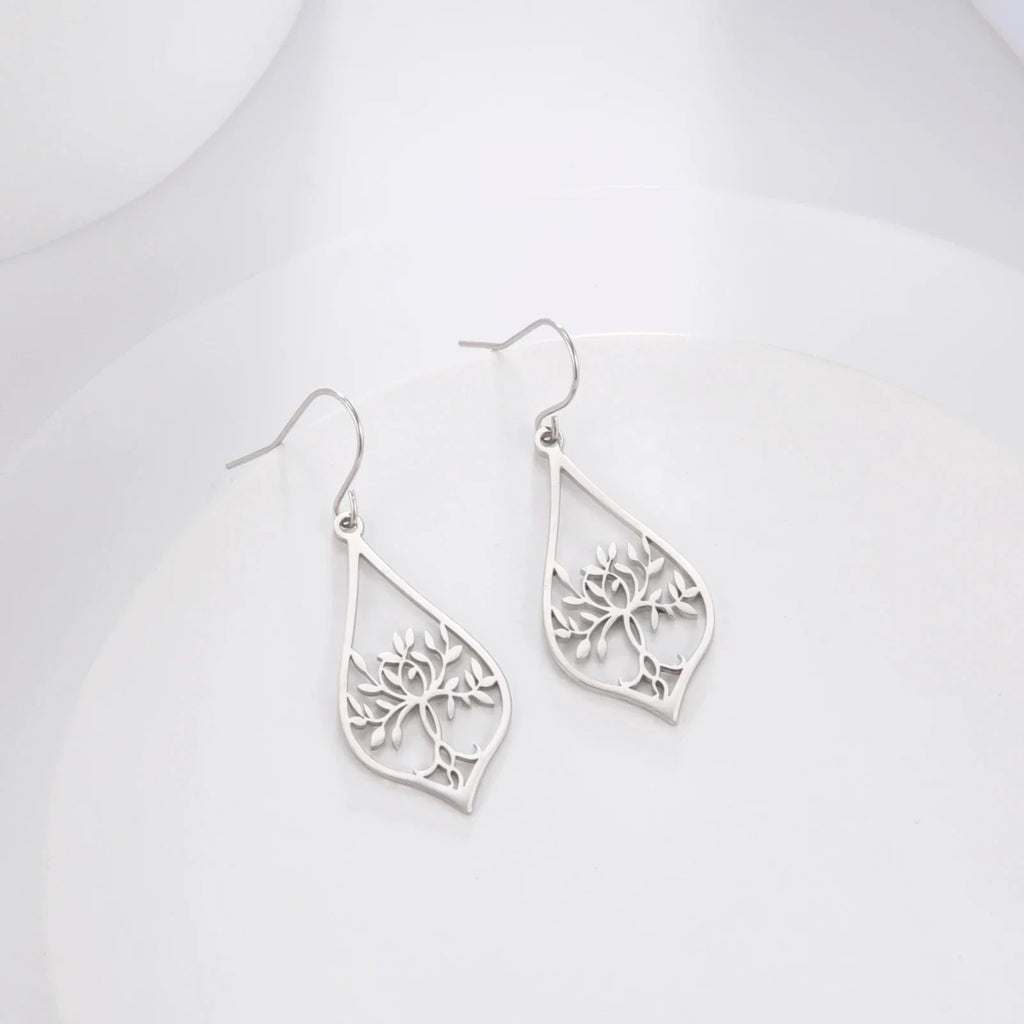 Oval Tree of Life Dangle Earrings Silver