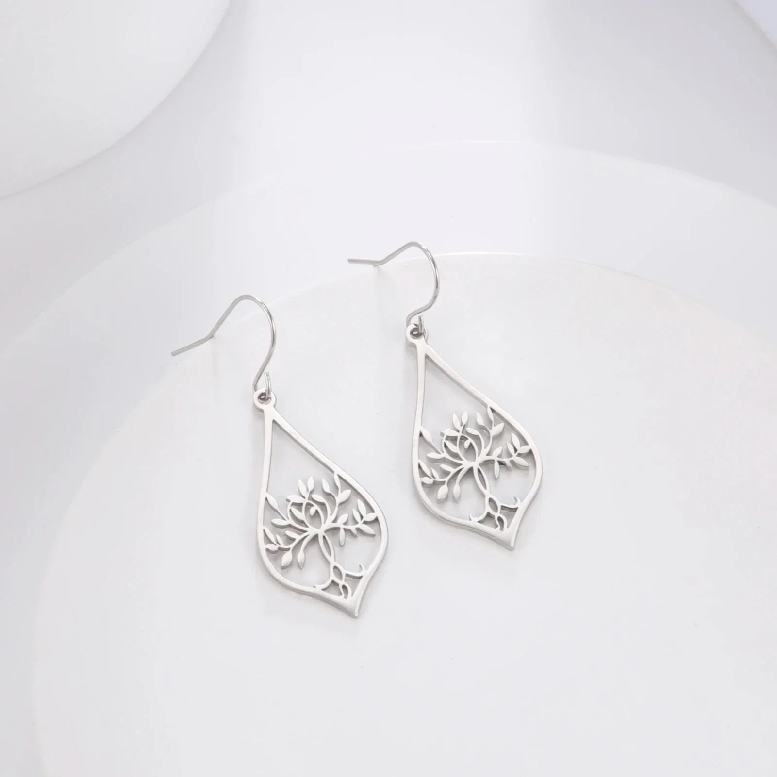Oval Tree of Life Dangle Earrings Silver