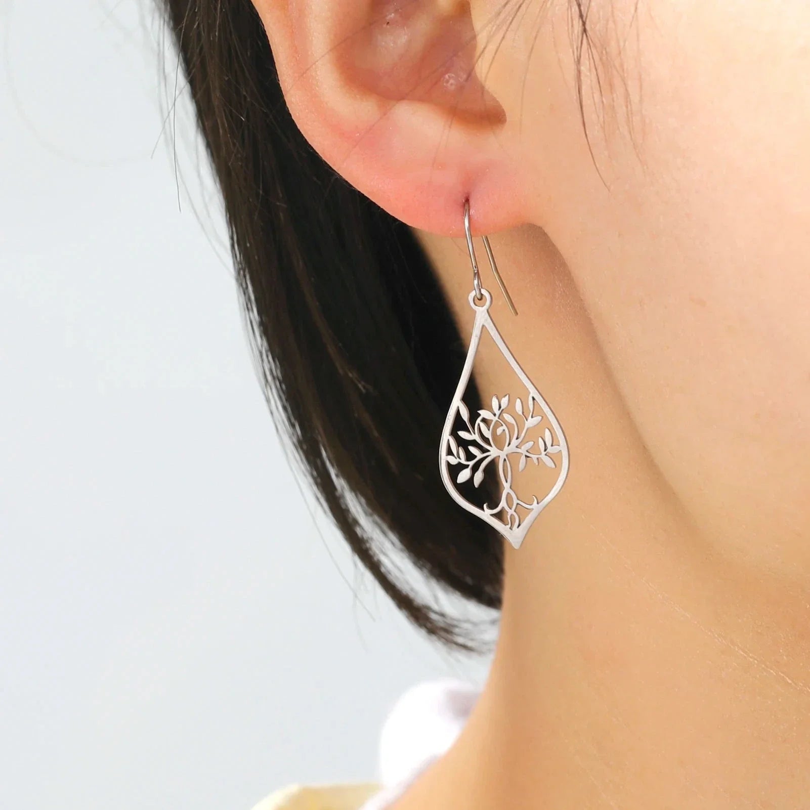 Oval Tree of Life Dangle Earrings Silver