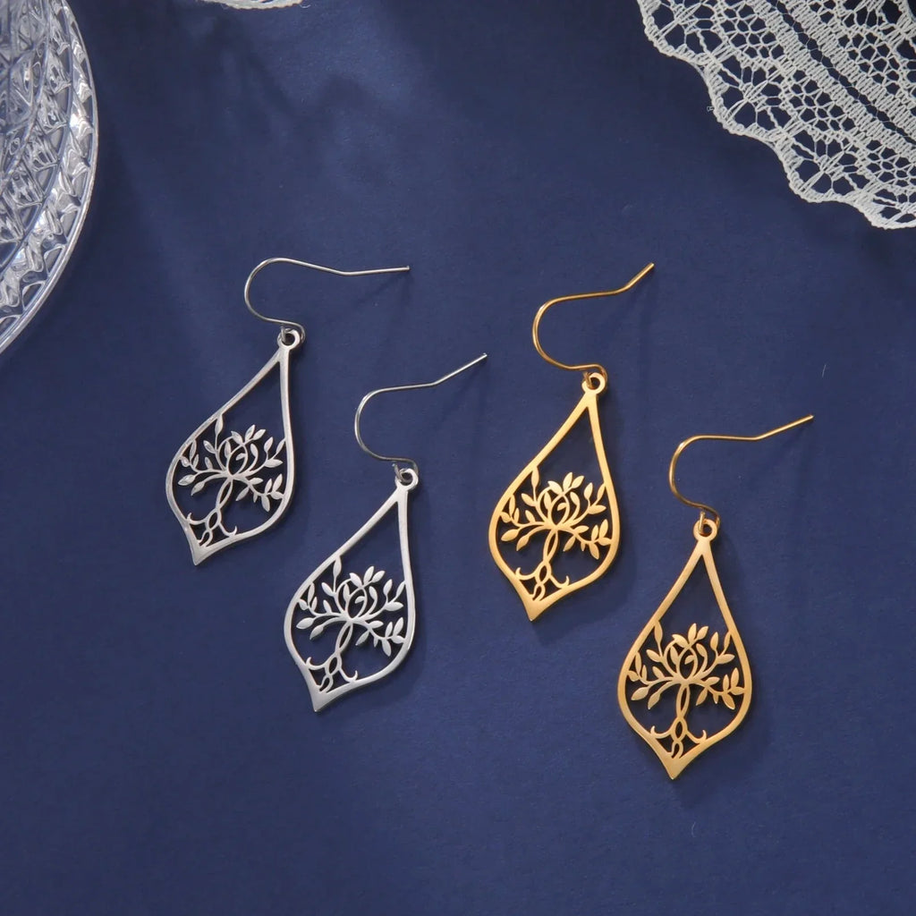Oval Tree of Life Dangle Earrings Gold