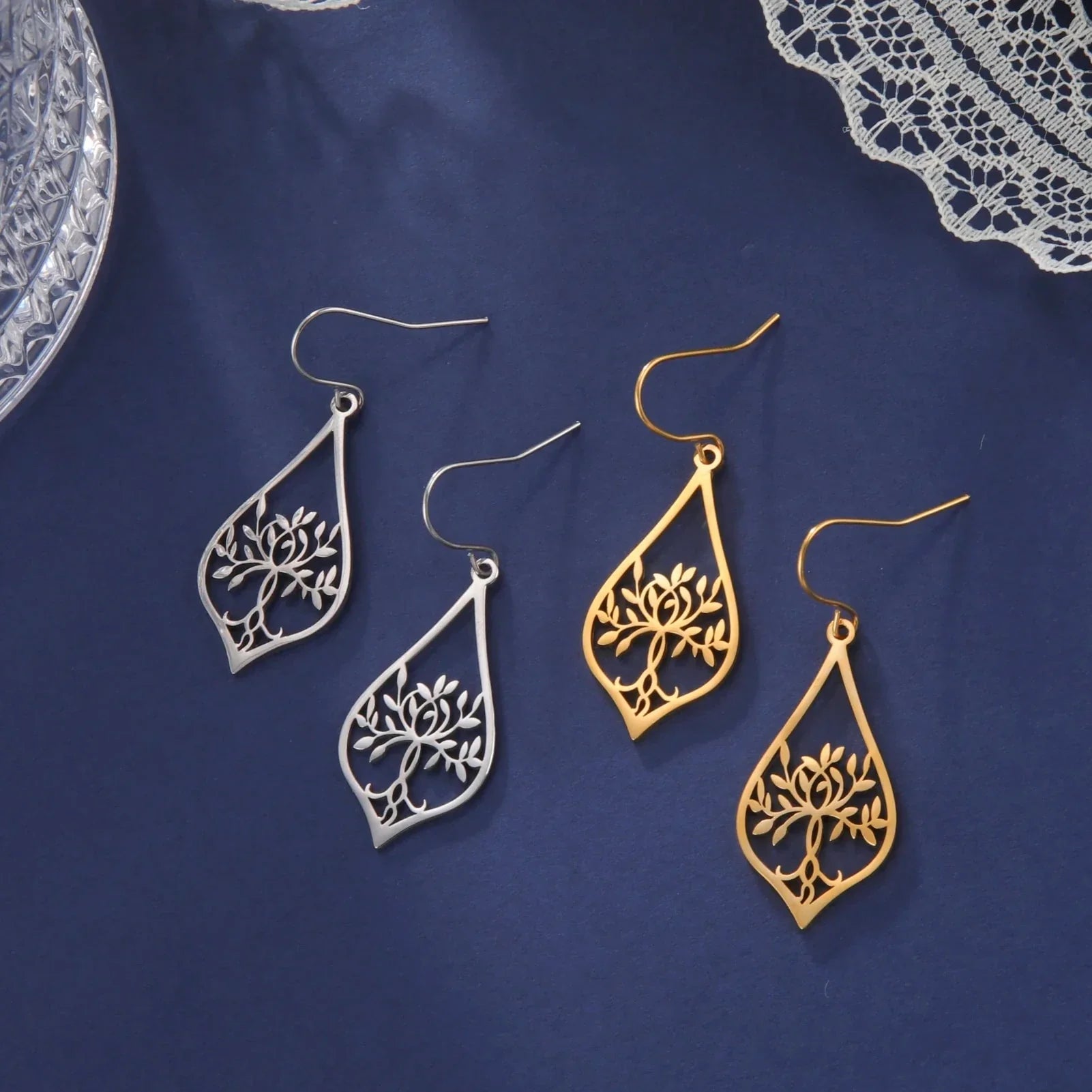 Oval Tree of Life Dangle Earrings Gold