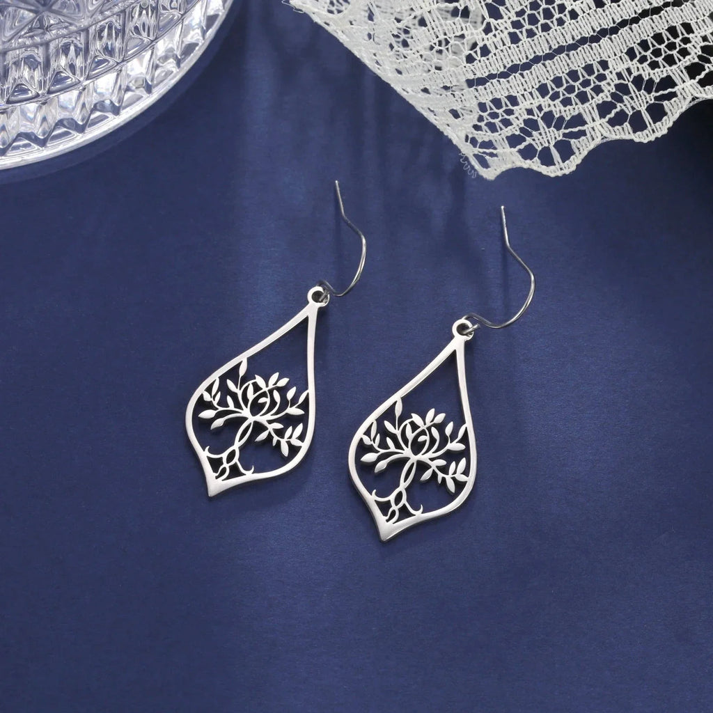Oval Tree of Life Dangle Earrings Silver
