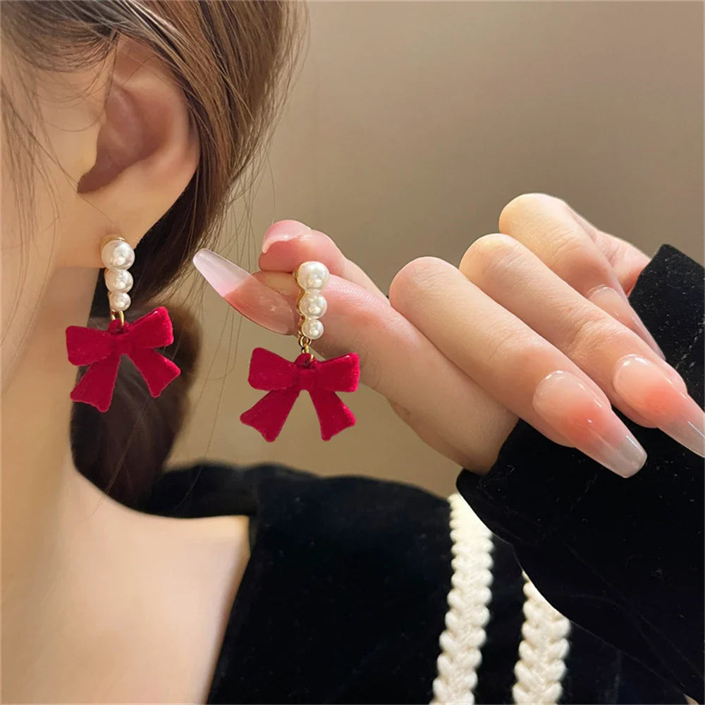 Red Pearl and Knot Dangle Earrings