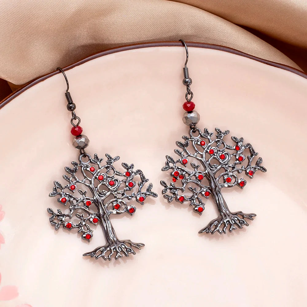 Red Tree of Life Dangle Earrings for Women