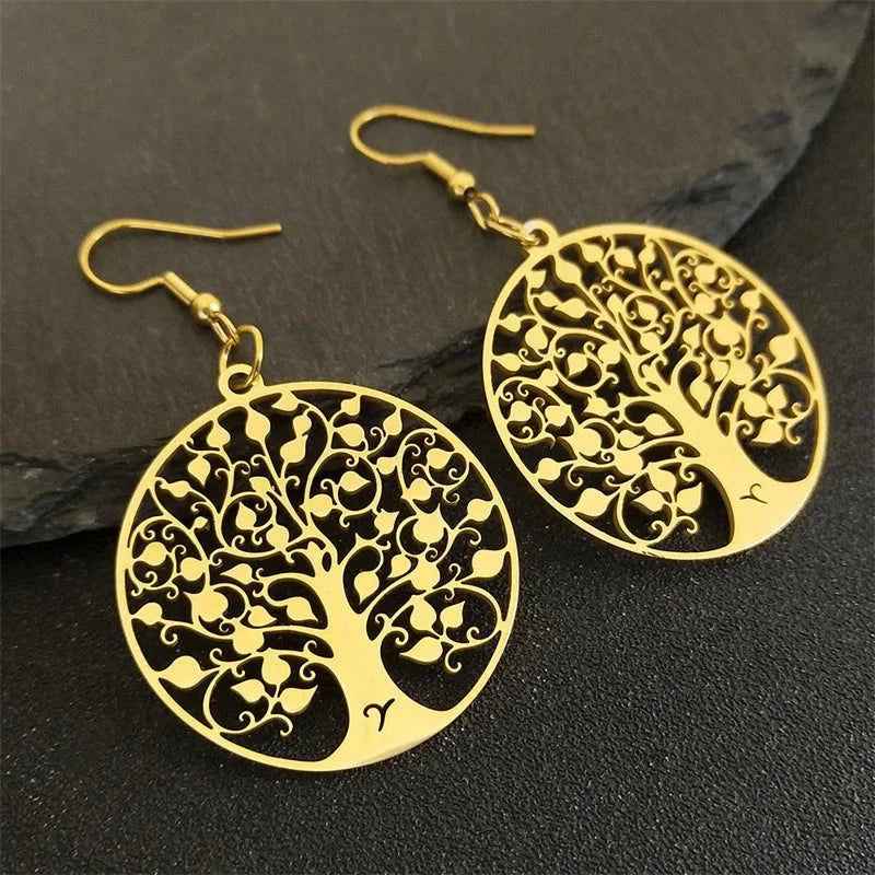 Round Tree of Life Drop Earrings Gold