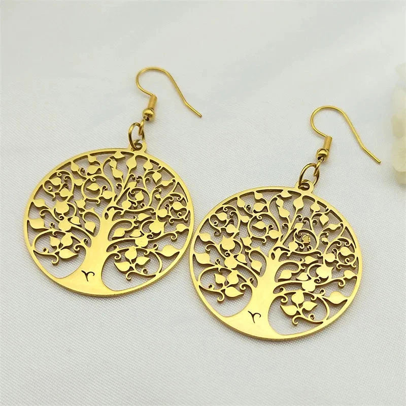 Round Tree of Life Drop Earrings Gold
