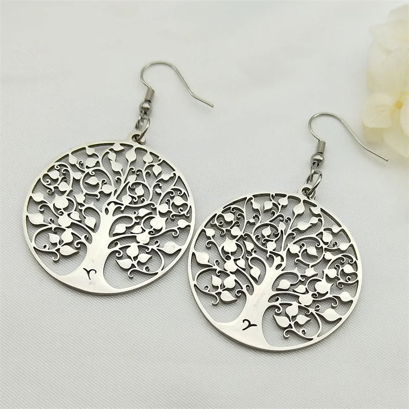 Round Tree of Life Drop Earrings Silver