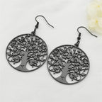 Round Tree of Life Drop Earrings Black