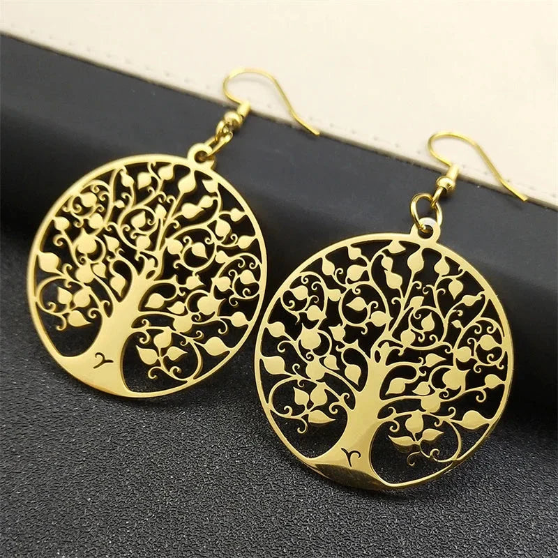 Round Tree of Life Drop Earrings Gold