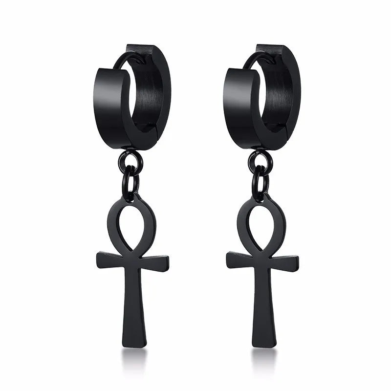 Egyptian-Style Ankh Cross Dangle Earrings black