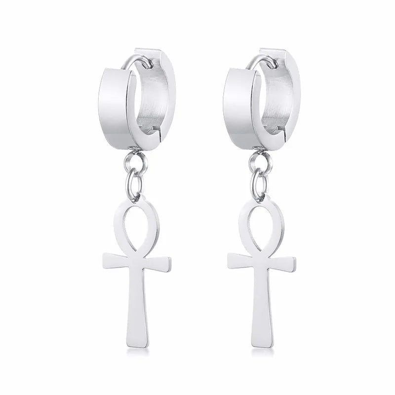 Egyptian-Style Ankh Cross Dangle Earrings silver