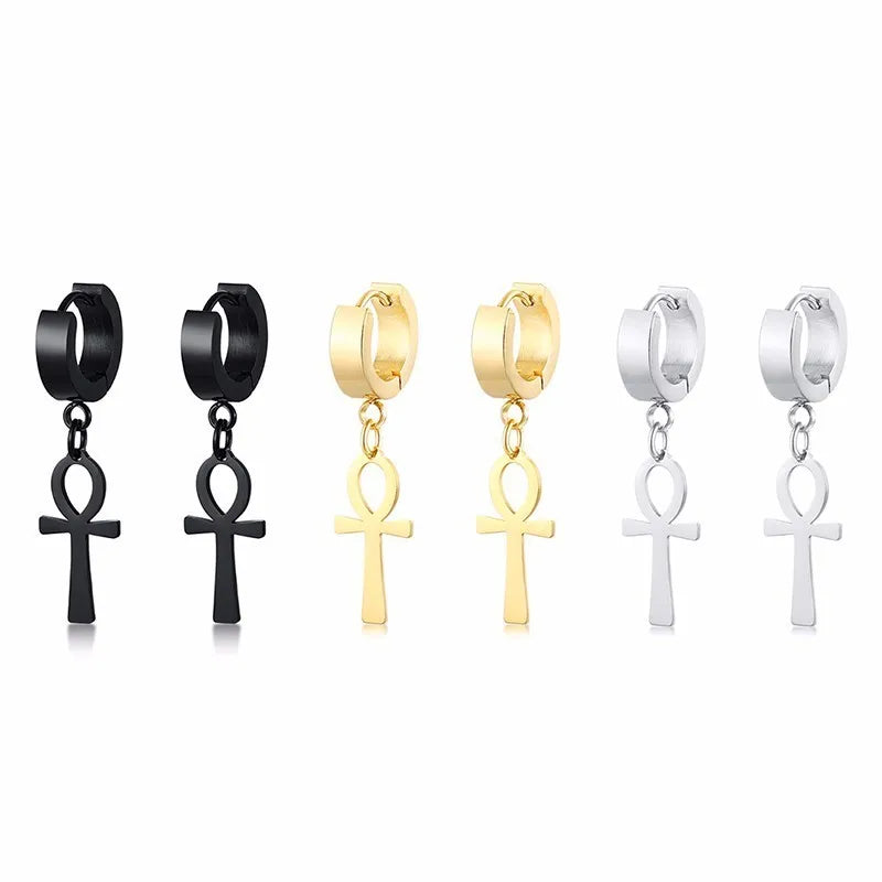 Egyptian-Style Ankh Cross Dangle Earrings