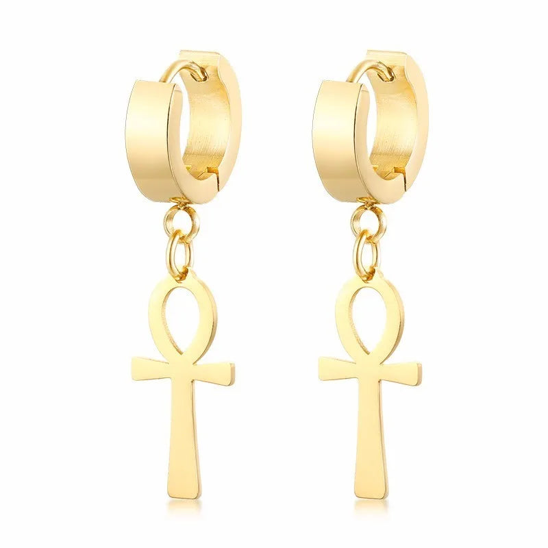 Egyptian-Style Ankh Cross Dangle Earrings gold