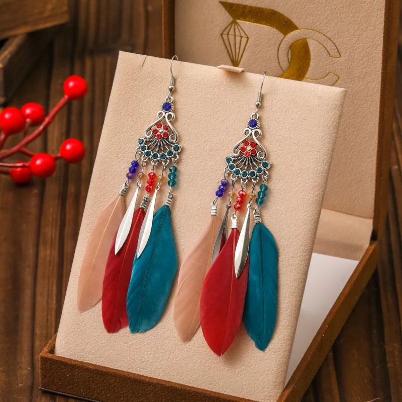Ethnic-Style Dangle Earrings with Feathers 4