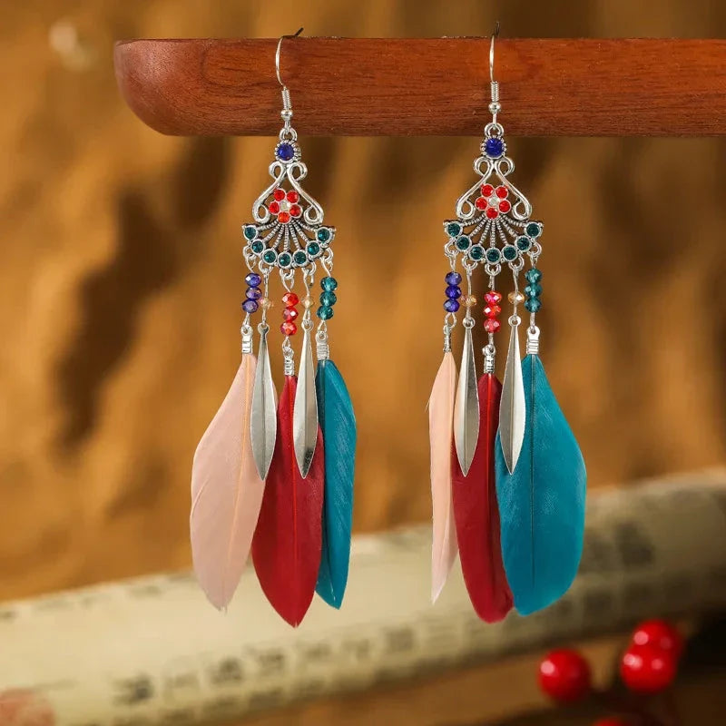 Ethnic-Style Dangle Earrings with Feathers 4