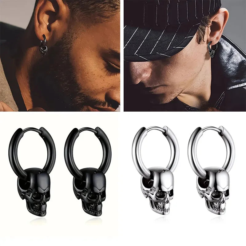 Silver Men's Skull Dangle Earrings