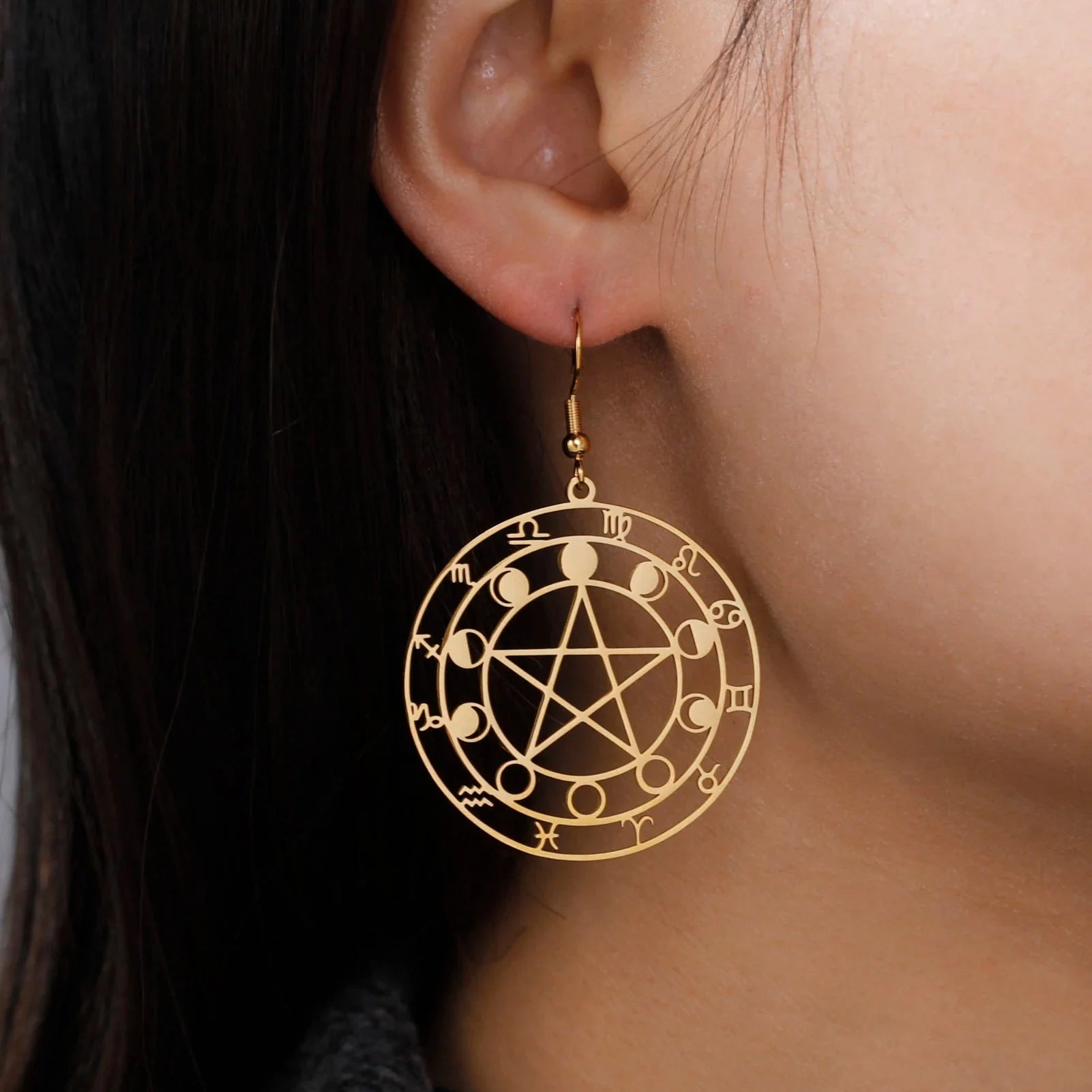 Dangling Pentacle Earrings Witchcraft Wiccan Women gold
