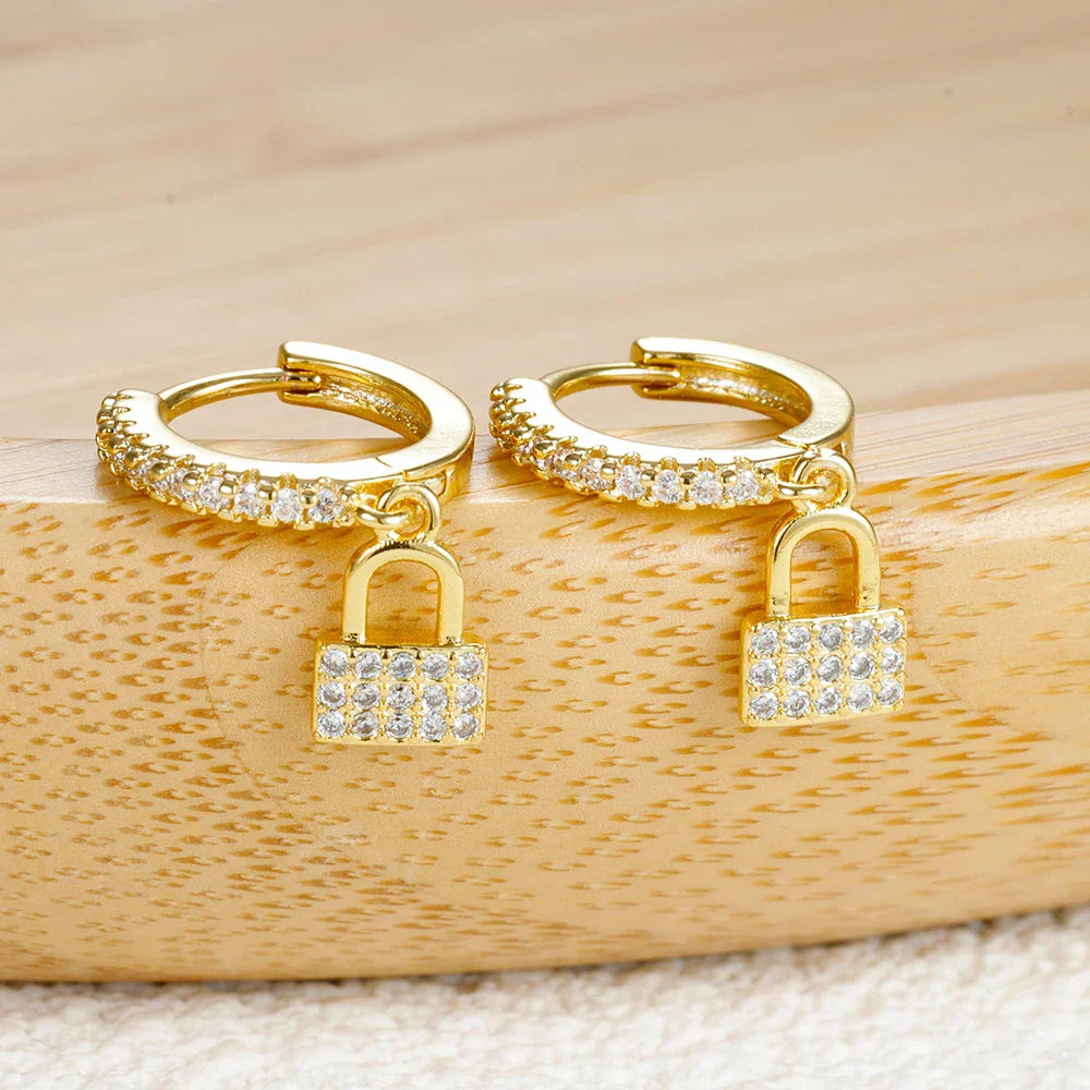 Key and lock hoop earrings with rhinestone gold