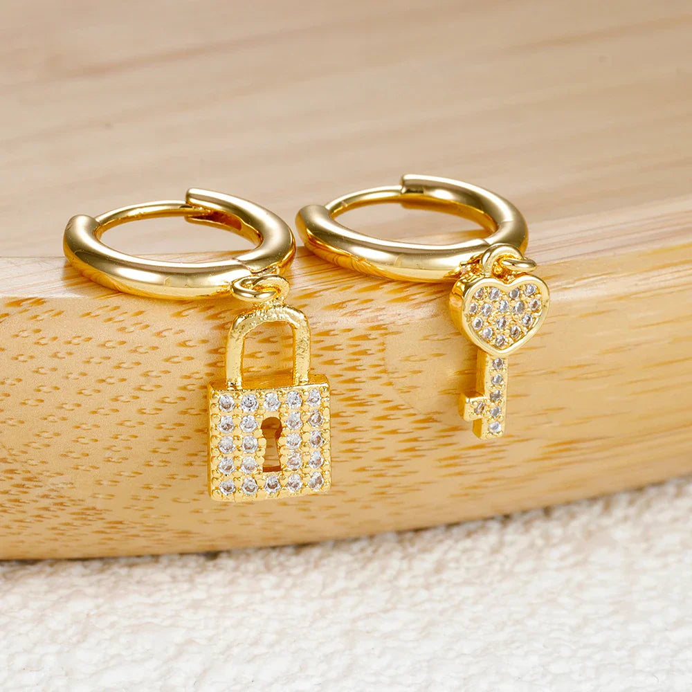 Key and lock hoop earrings with rhinestone key and lock gold