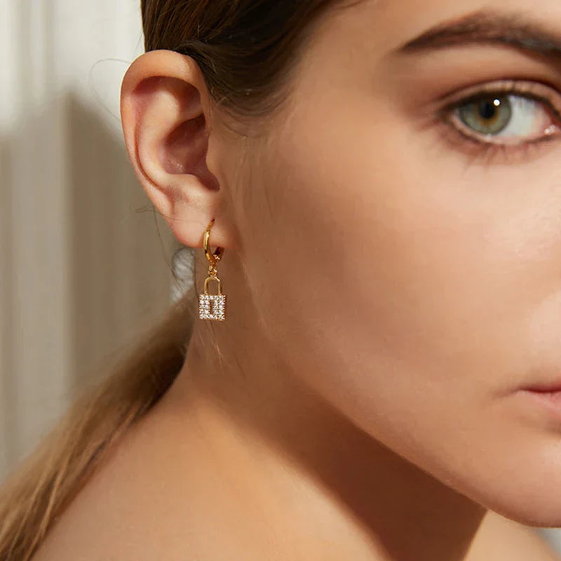 Key and lock hoop earrings with rhinestone