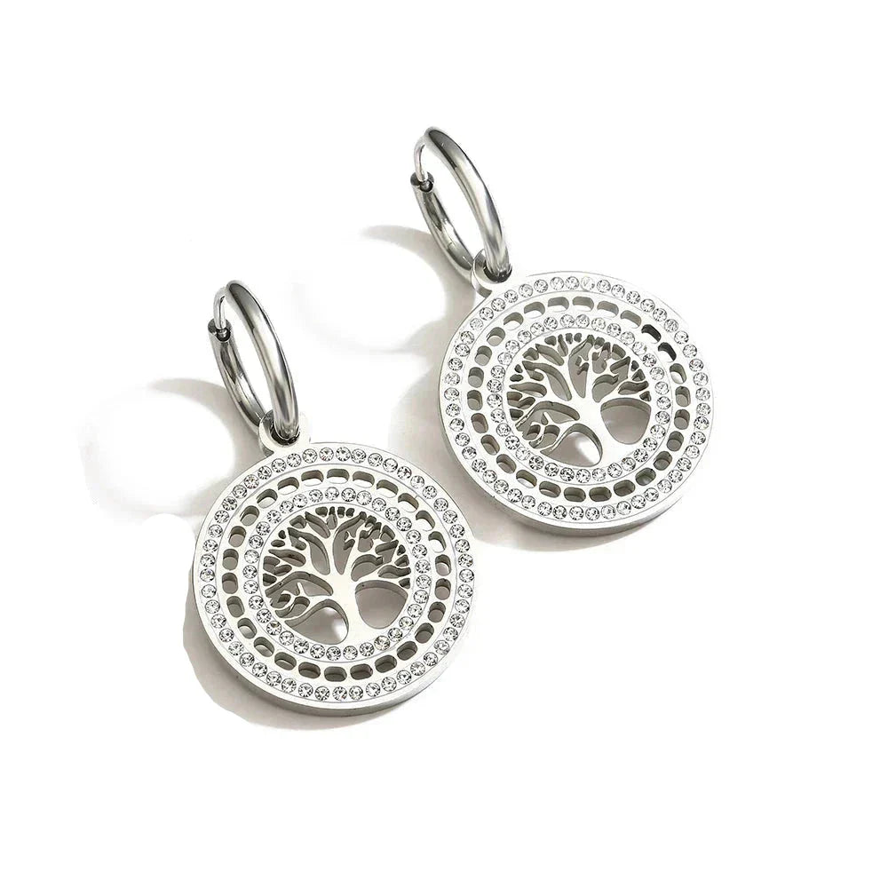 Round Dangle Tree of Life Earrings silver