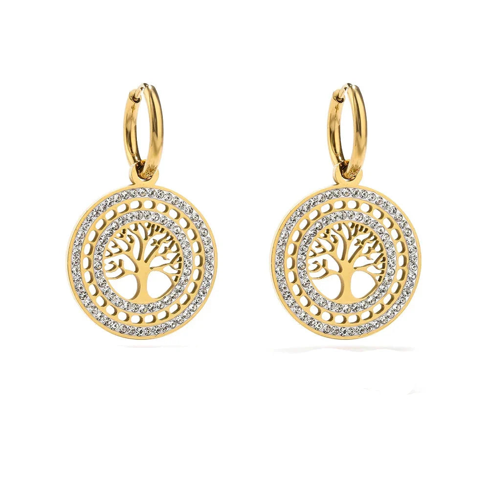 Round Dangle Tree of Life Earrings gold