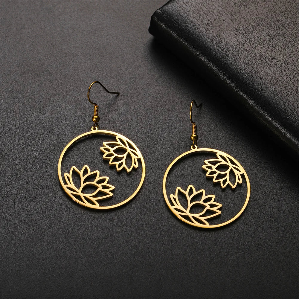 Round Drop Lotus Flower Hoop Earrings Gold
