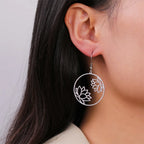 Round Drop Lotus Flower Hoop Earrings Silver