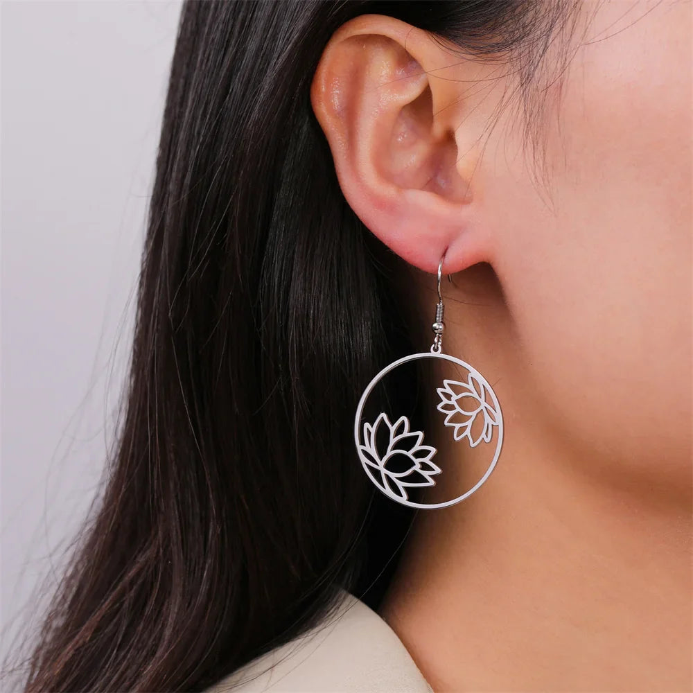 Round Drop Lotus Flower Hoop Earrings Silver