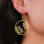 Round Drop Lotus Flower Hoop Earrings Gold