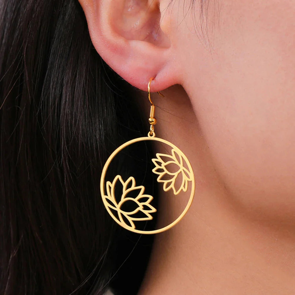 Round Drop Lotus Flower Hoop Earrings Gold